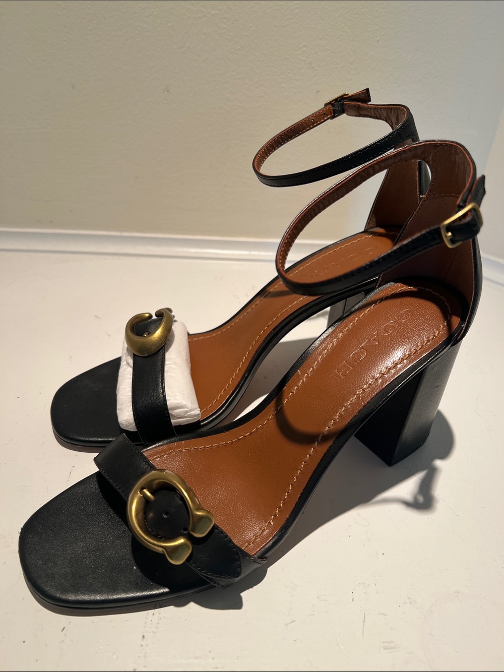 COACH Black Leather Ankle-Strap Block Heels with Gold Accent